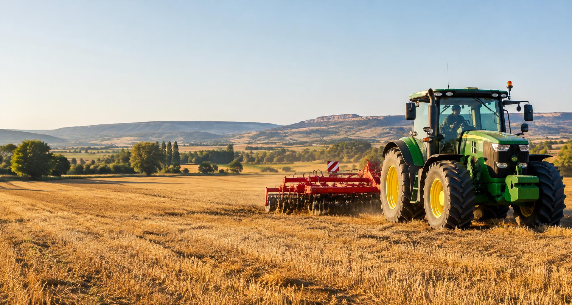 Tractor con un apero en un campo de Aragón